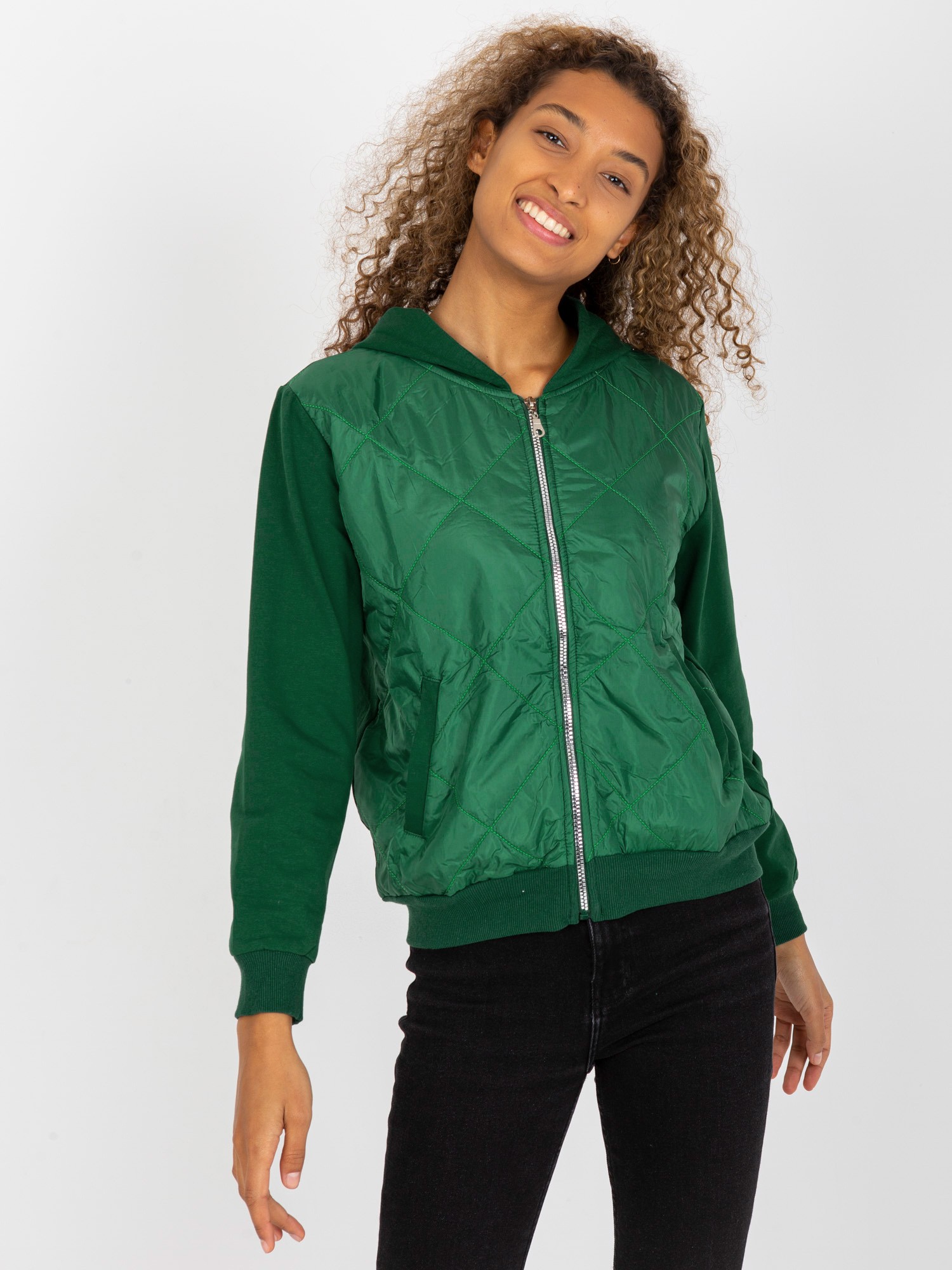 TMAVĚ ZELENÁ PROŠÍVANÁ BOMBER MIKINA RV-BL-8226.11X-DARK GREEN Velikost: L/XL