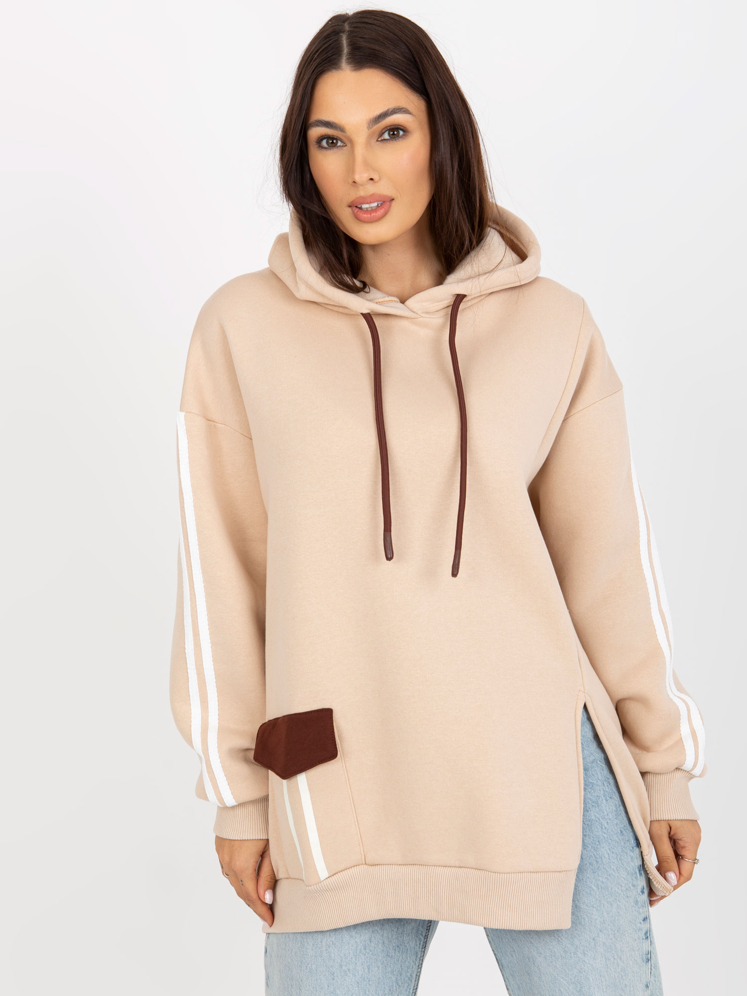 SVĚTLE BÉŽOVÁ MIKINA S PRUHY NA RUKÁVECH -FA-BL-8102.34P-LIGHT BEIGE Velikost: ONE SIZE