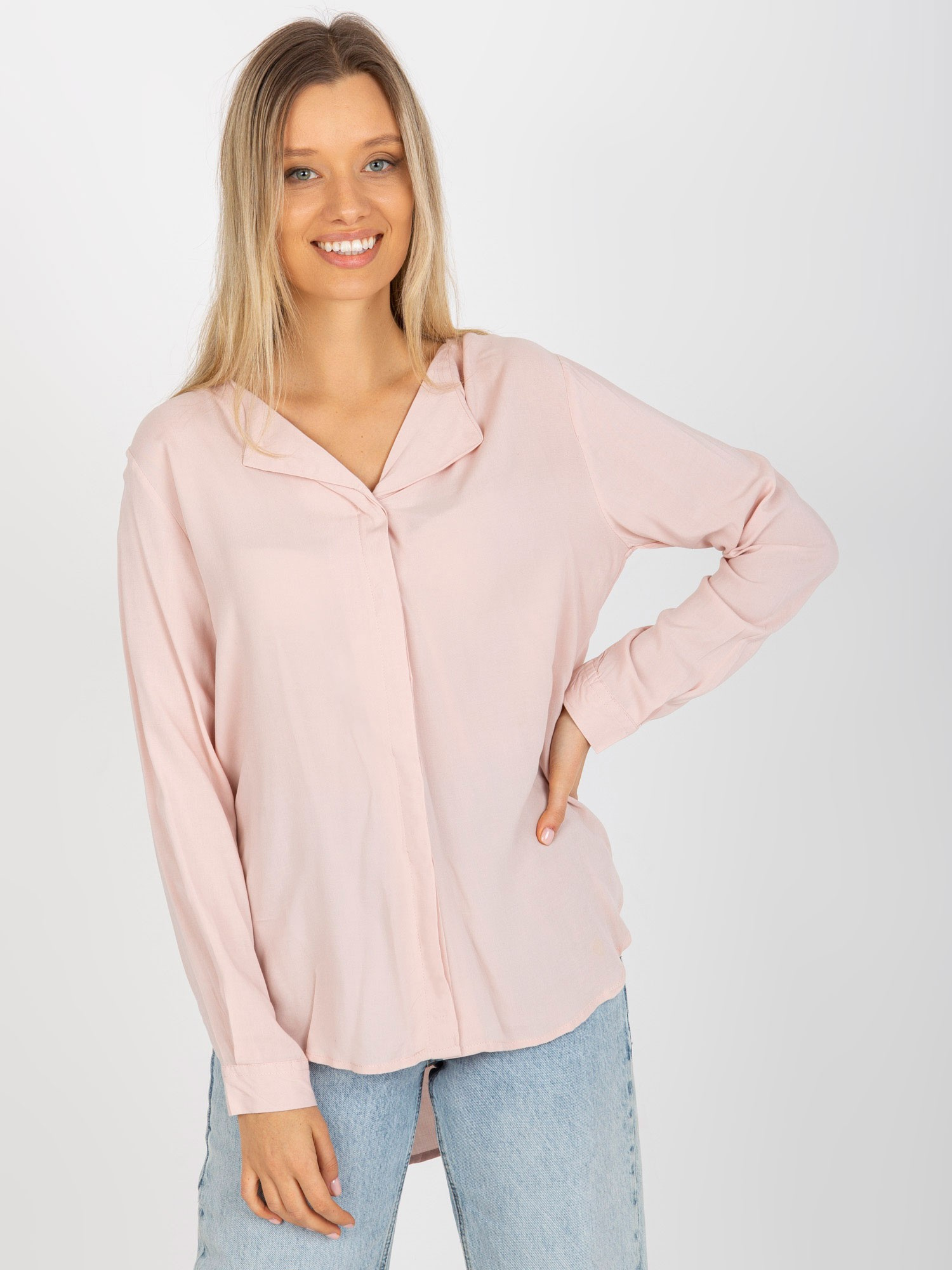 SVĚTLE RŮŽOVÁ DÁMSKÁ HALENKA S VÝSTŘIHEM D73761M10997C-LIGHT PINK Velikost: XS