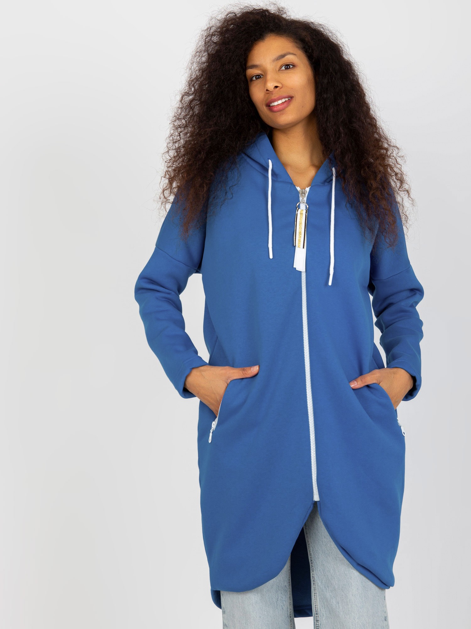 TMAVĚ MODRÁ DLOUHÁ MIKINA NA ZIP RV-BL-4742.20P-DARK BLUE Velikost: S/M