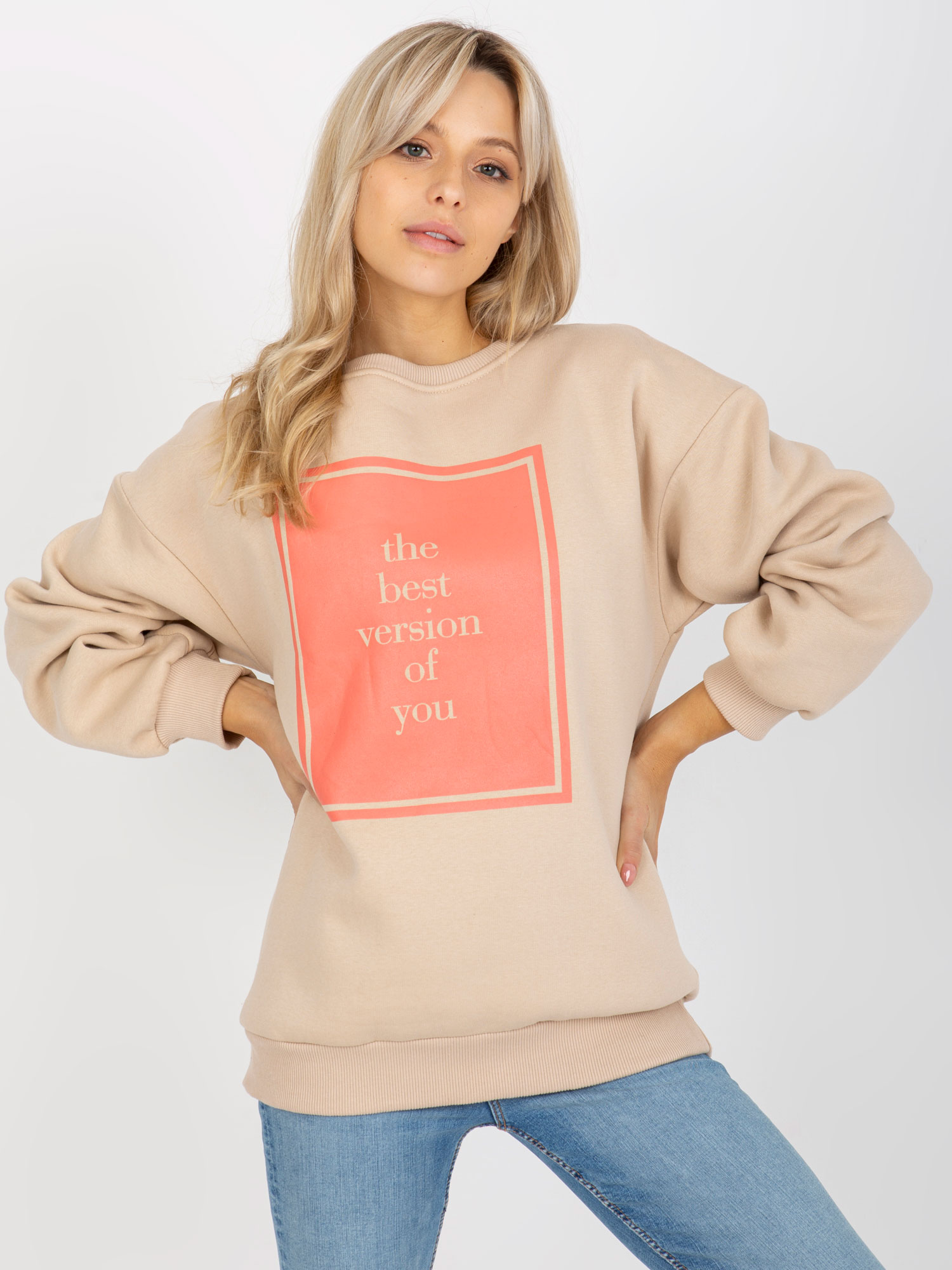 BÉŽOVÁ MIKINA S ORANŽOVÝM POTISKEM EM-BL-617-3.15P-BEIGE Velikost: ONE SIZE