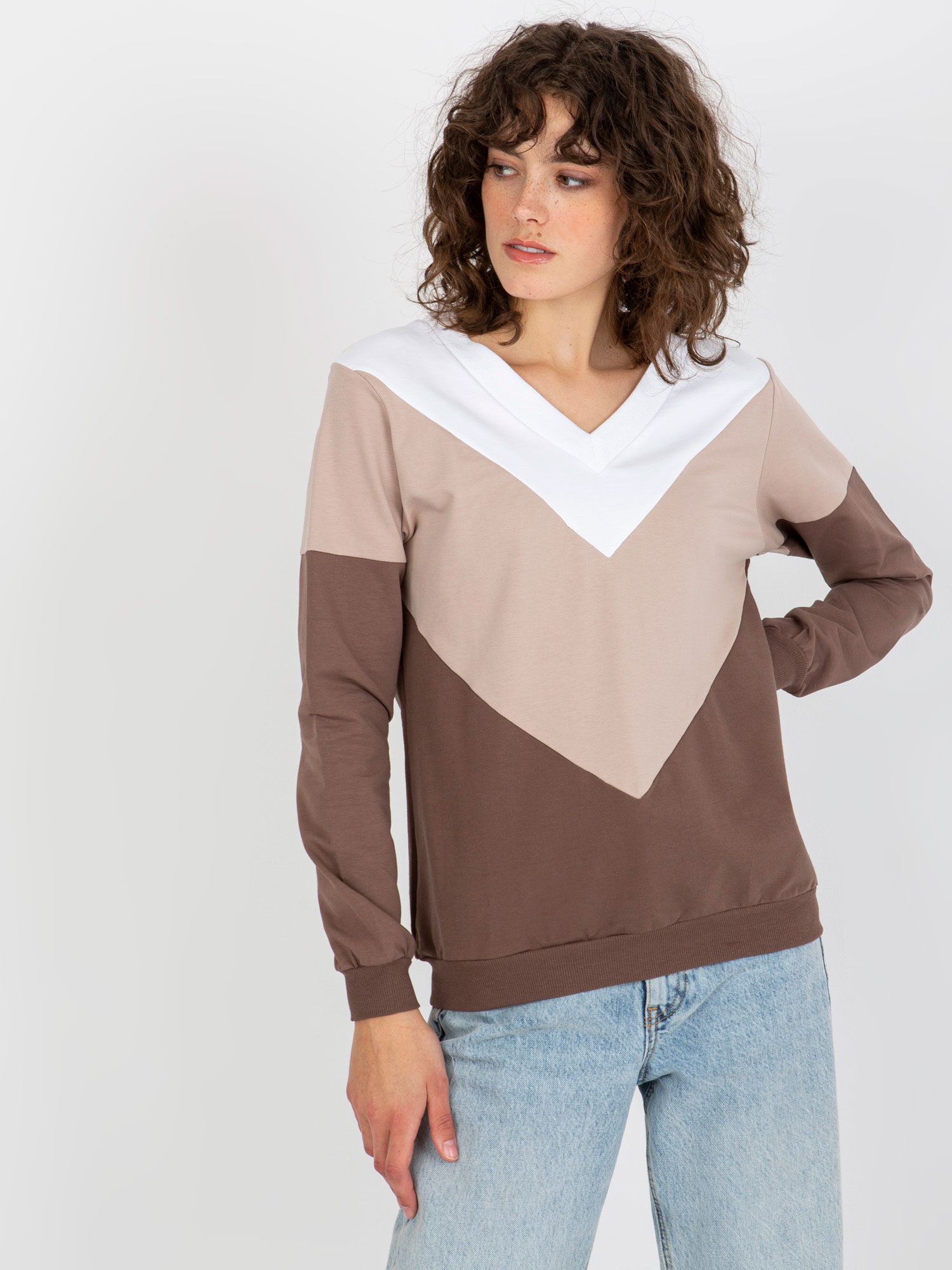 MIKINA BEZ KAPUCE - BÍLÁ/BÉŽOVÁ/HNĚDÁ RV-BL-8452.40P-WHITE-BROWN Velikost: ONE SIZE