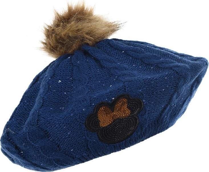Tmavě modrý třpytivý baret Minnie s bambulkou (Velikost 52)