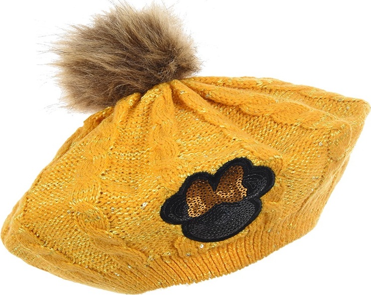 Hořčicový třpytivý baret Minnie s bambulkou (Velikost 52)