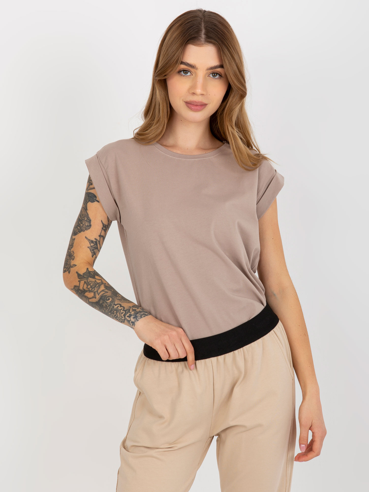 BÉŽOVÉ DÁMSKÉ BASIC TRIČKO RV-TS-4833.22X-DARK BEIGE Velikost: XS