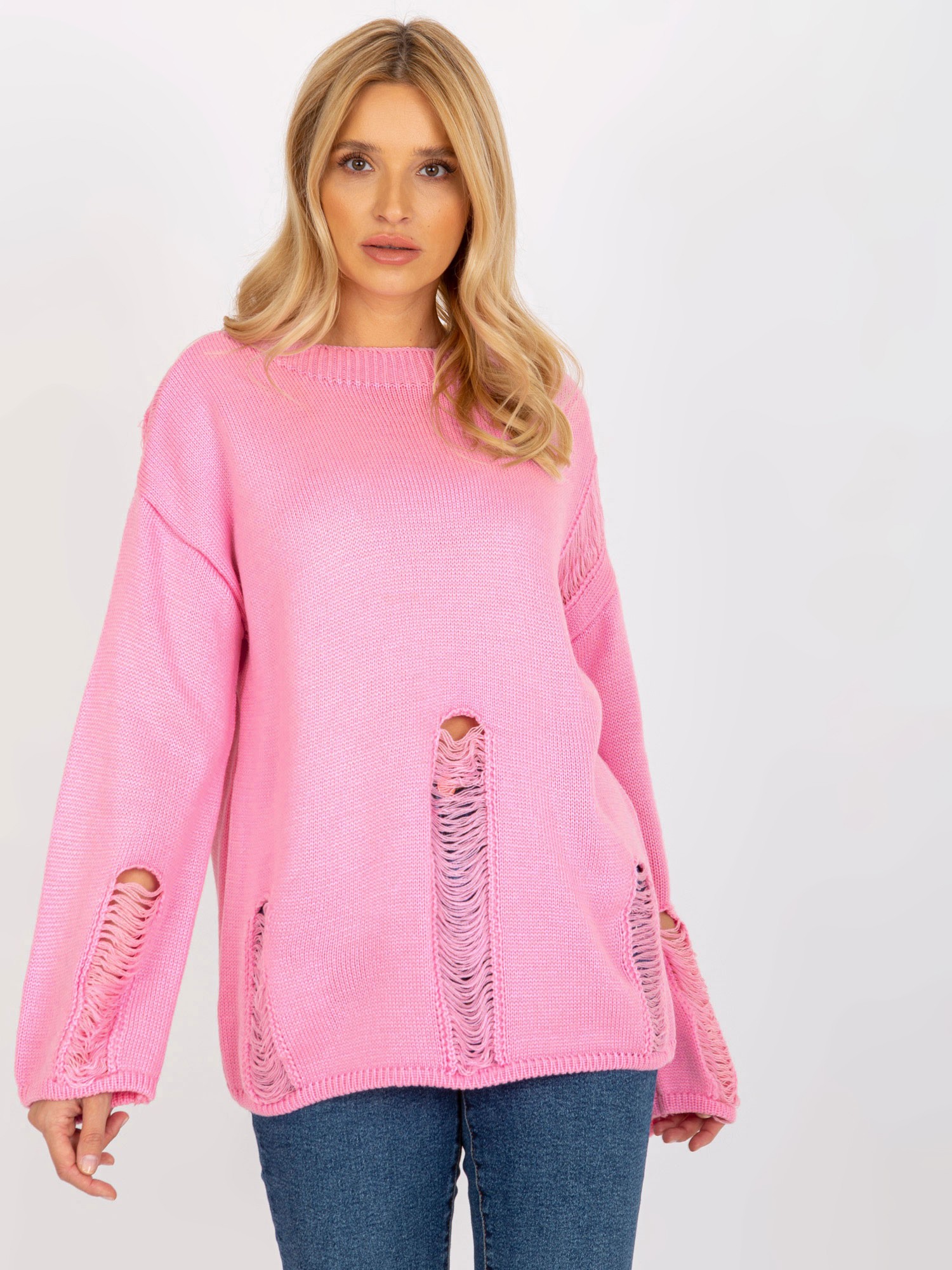 RŮŽOVÝ DÍRKOVANÝ SVETR BA-SW-8043.08X-PINK Velikost: ONE SIZE