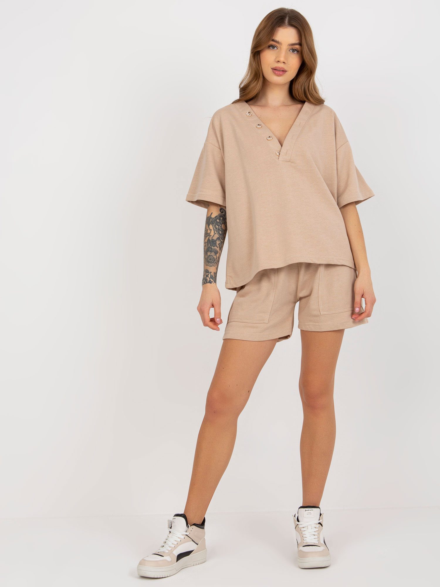 BÉŽOVÁ SOUPRAVA HALENKY A KRAŤASŮ EM-KMPL-743.27X-BEIGE Velikost: ONE SIZE