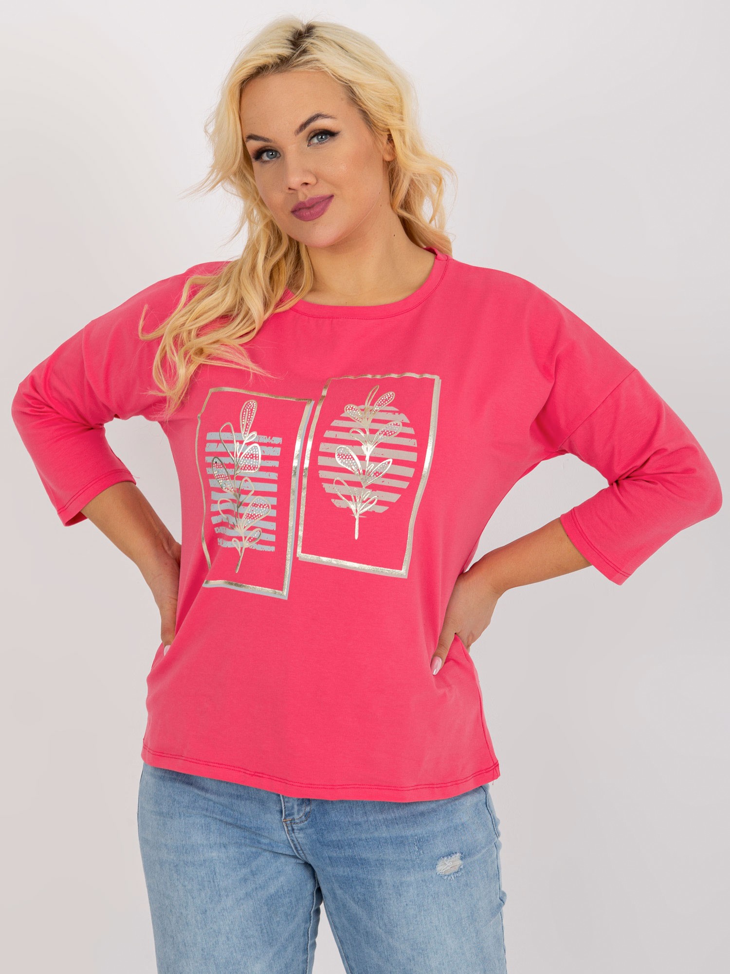 RŮŽOVÉ TRIČKO S POTISKEM S KAMÍNKY -RV-BZ-8497.11P-PINK Velikost: ONE SIZE