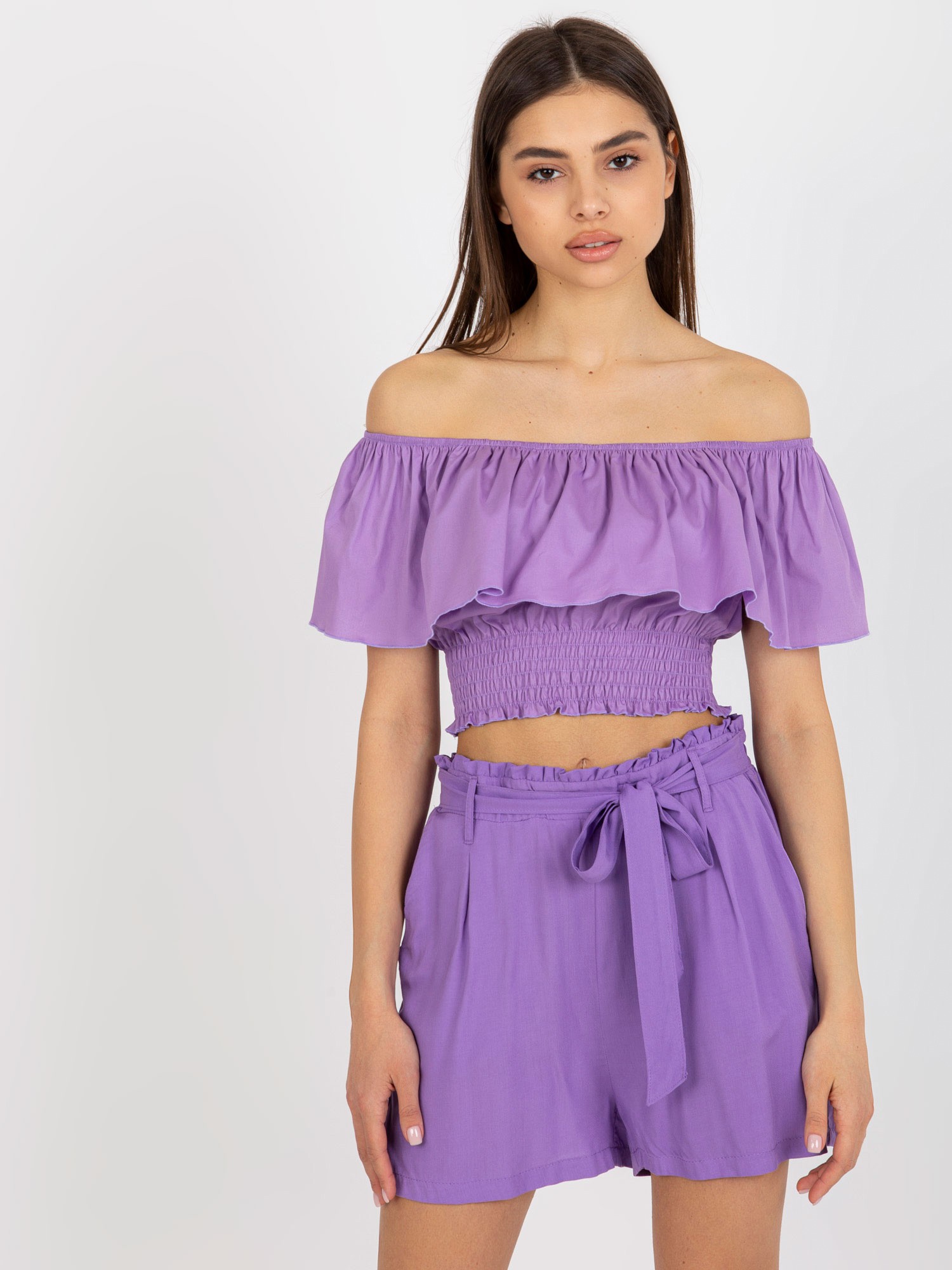 FIALOVÝ CROP TOP S VOLÁNEM LK-TP-508609.37-VIOLET Velikost: 38