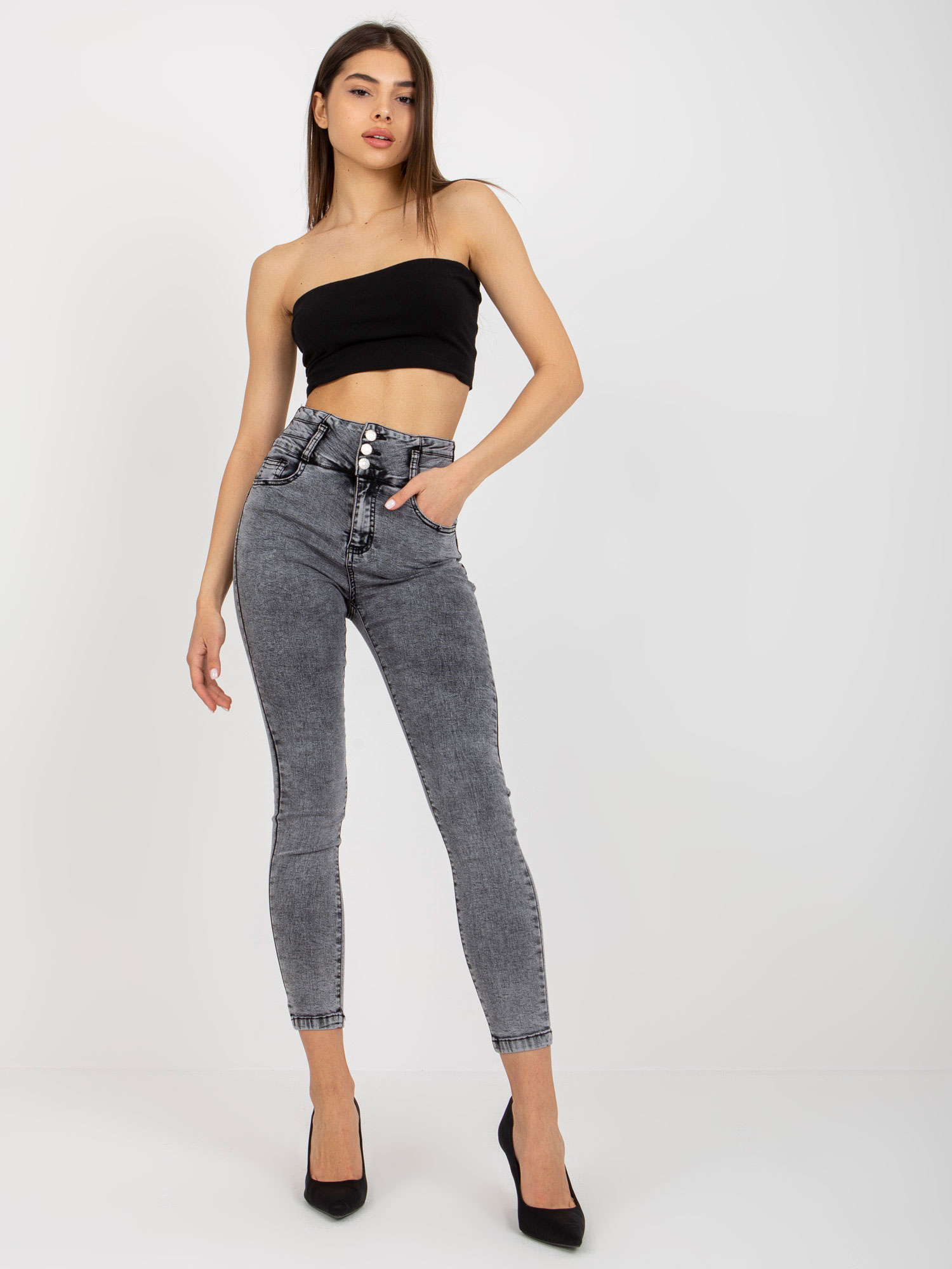 TMAVĚ ŠEDÉ DÁMSKÉ DŽÍNOVÉ KALHOTY S VYSOKÝM PASEM NM-SP-L73.79P-DARK GREY Velikost: XS