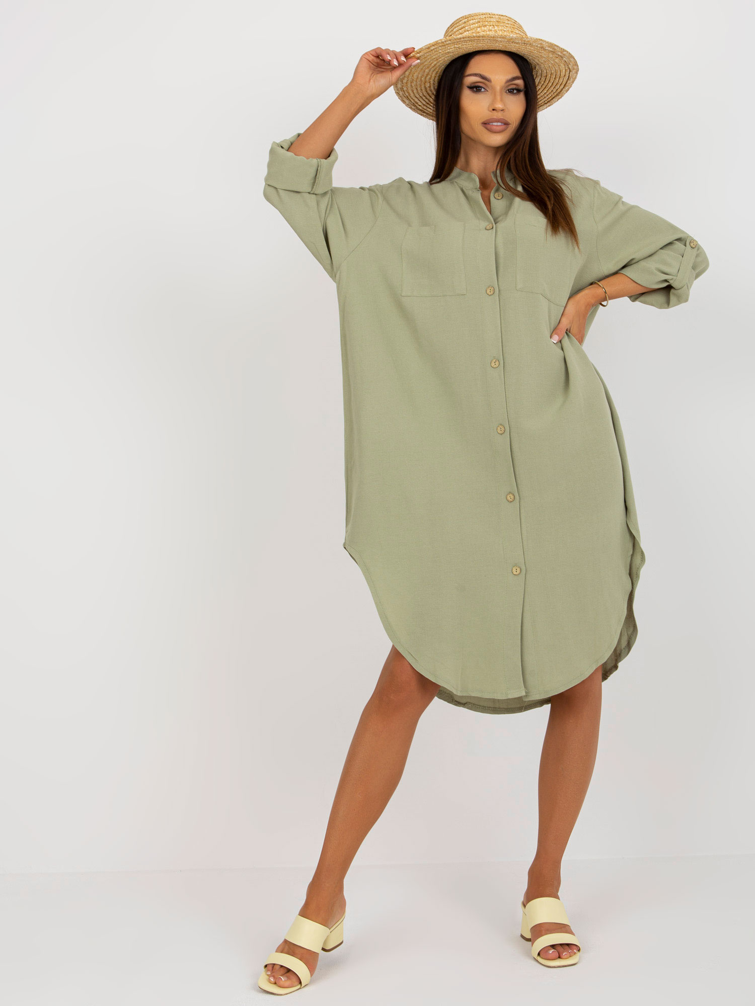 KHAKI KOŠILOVÉ MIDI ŠATY TW-SK-BE-199D.85P-LIGHT GREEN Velikost: L/XL