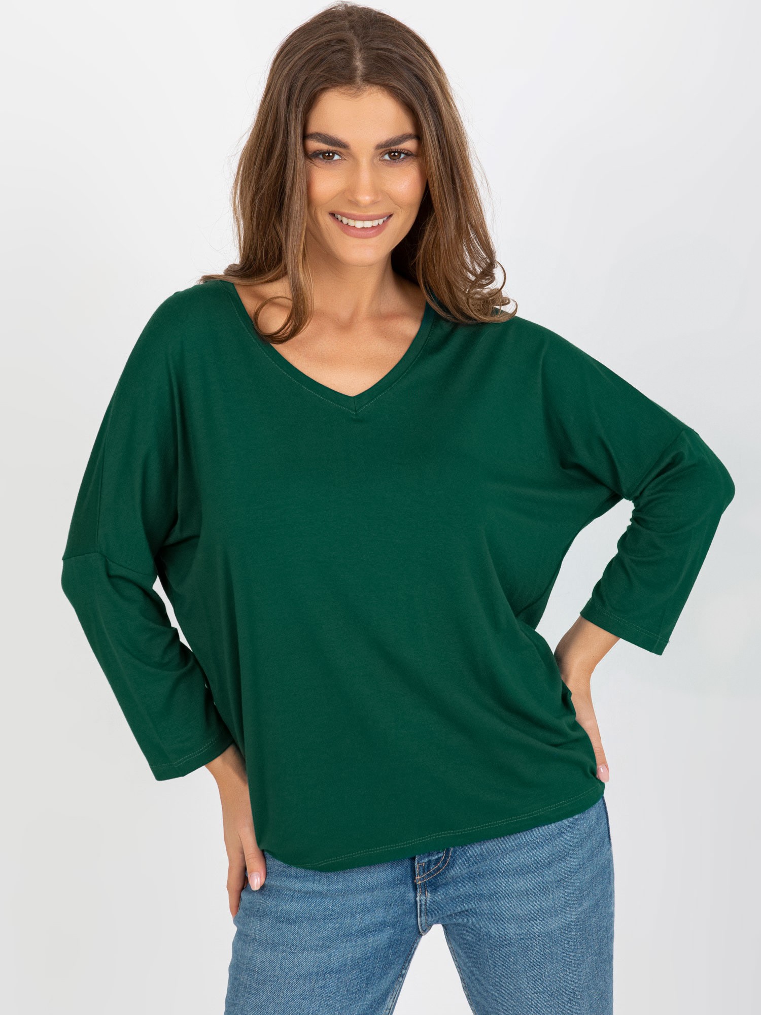 TMAVĚ ZELENÁ JEDNOBAREVNÁ HALENKA S 3/4 RUKÁVEM RV-BZ-7663.05-DARK GREEN Velikost: ONE SIZE