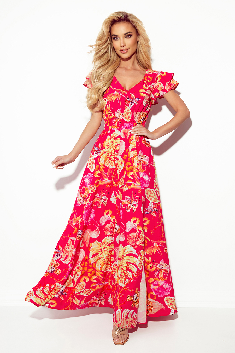 Růžové květované šaty s volánky na rukávech GLORIA 310-4 Velikost: 2XL
