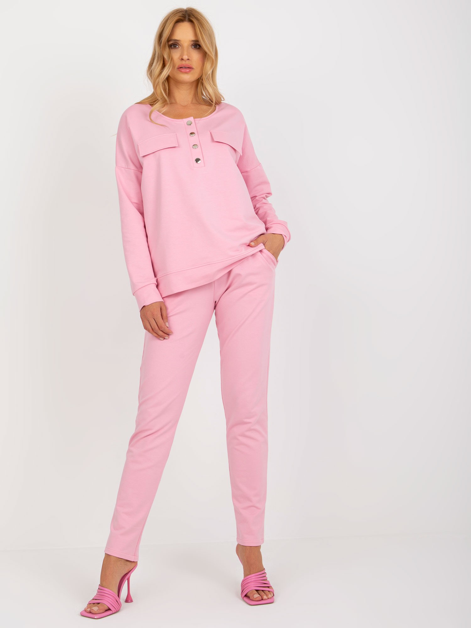 RŮŽOVÁ SOUPRAVA TEPLÁKŮ A MIKINY BEZ KAPUCE -LK-KMPL-509315.06-PINK Velikost: S/M