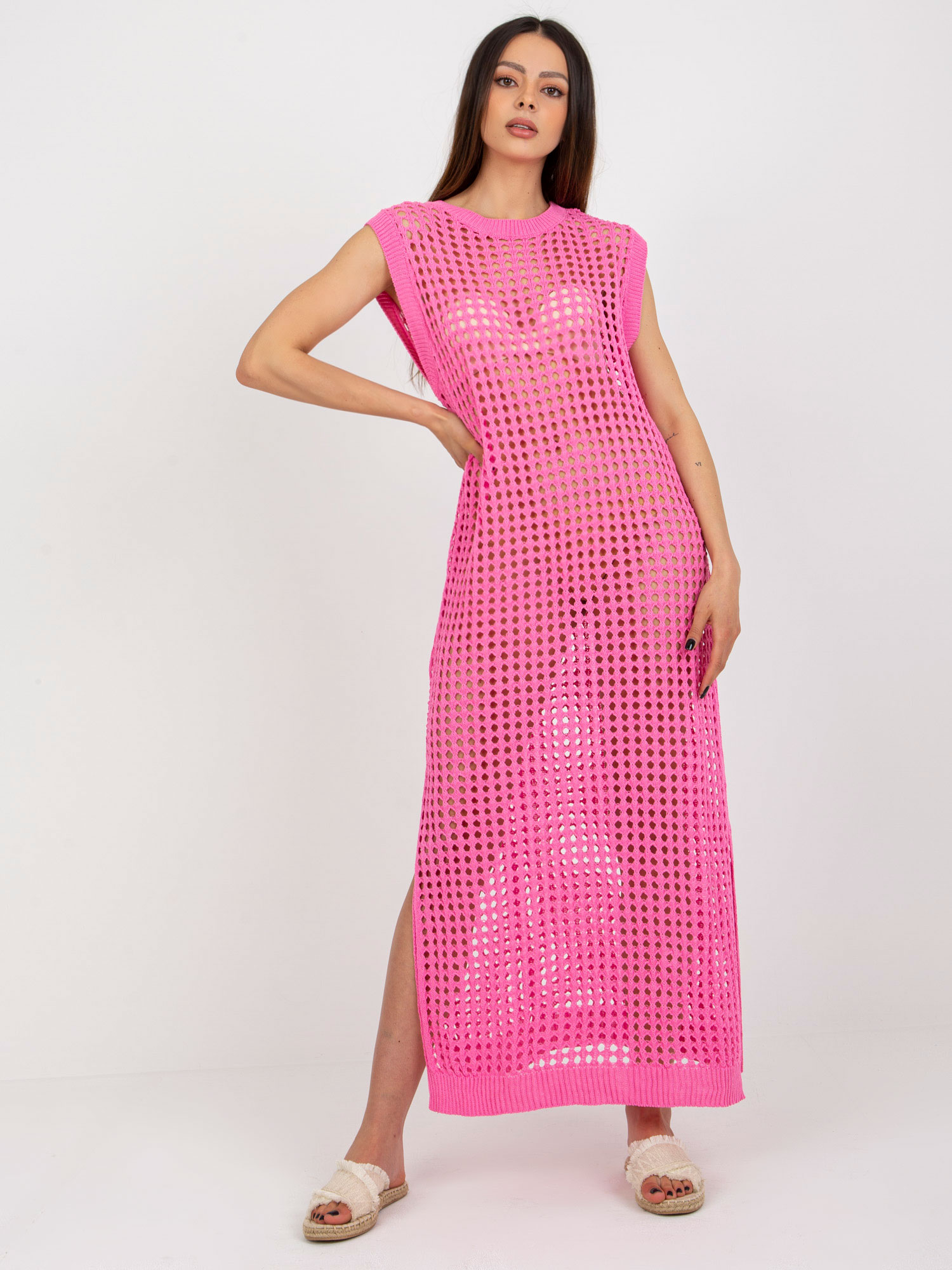 RŮŽOVÉ HÁČKOVANÉ MAXI ŠATY -BA-SK-9001.60P-PINK Velikost: ONE SIZE