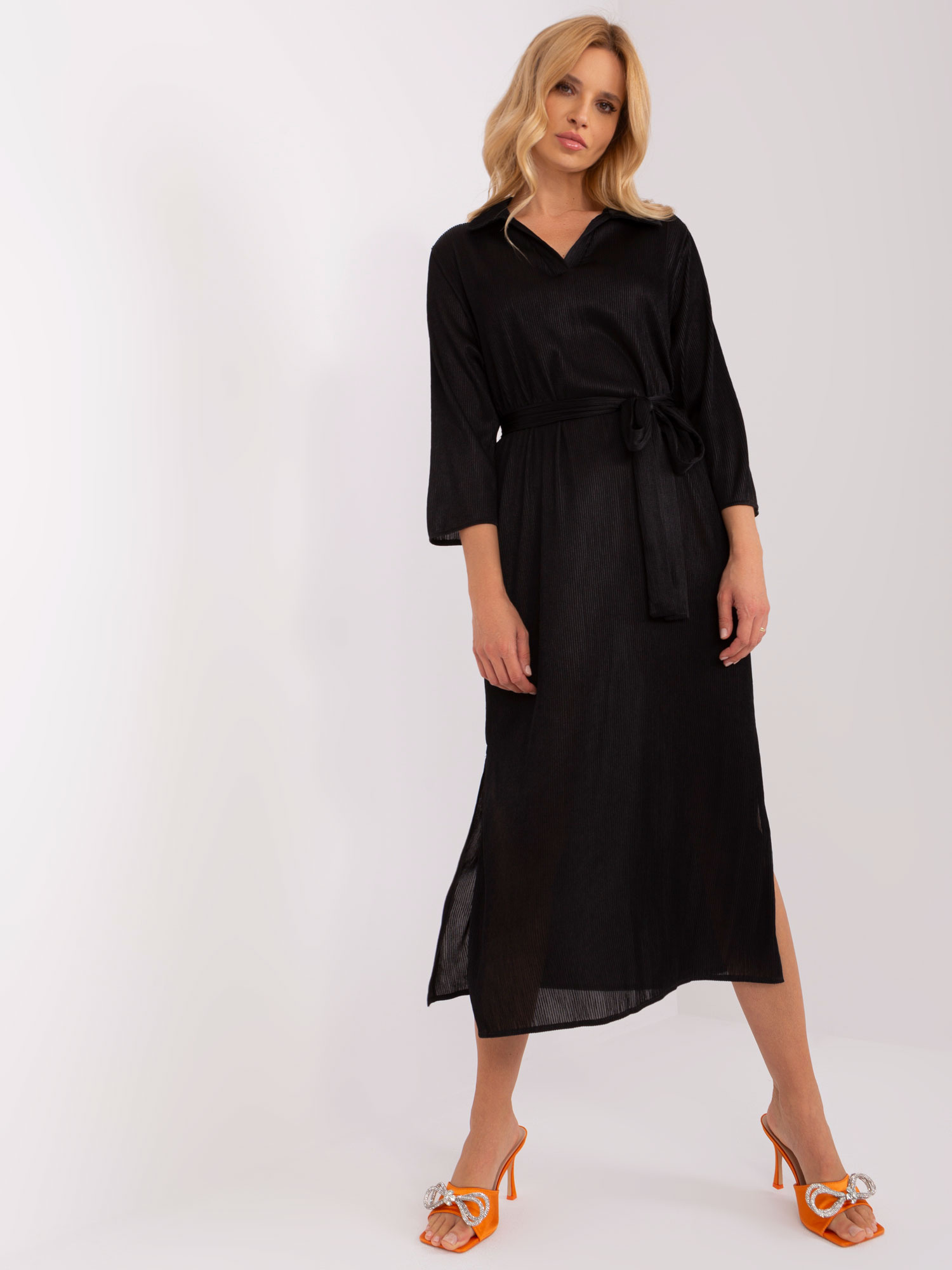 Černé midi šaty s páskem -LK-SK-509348.04-black