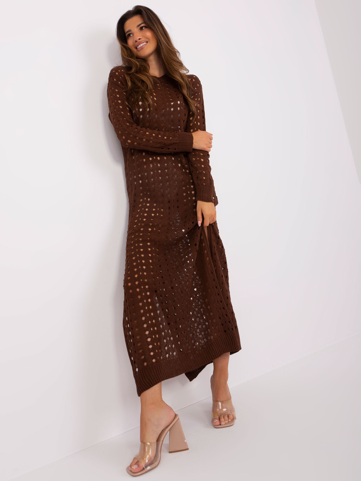 TMAVĚ HNĚDÉ PROLAMOVANÉ MAXI ŠATY BA-SK-9010.33P-DARK BROWN Velikost: ONE SIZE