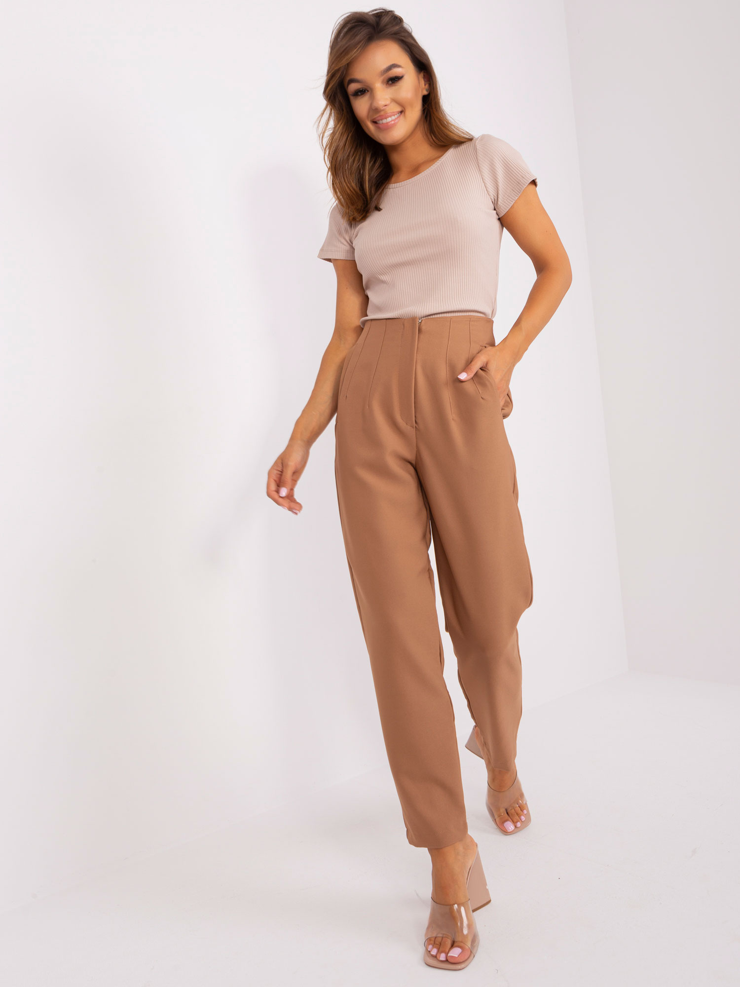 HNĚDÉ ROVNÉ ELEGANTNÍ KALHOTY TW-SP-OB067.41P-BROWN Velikost: XL