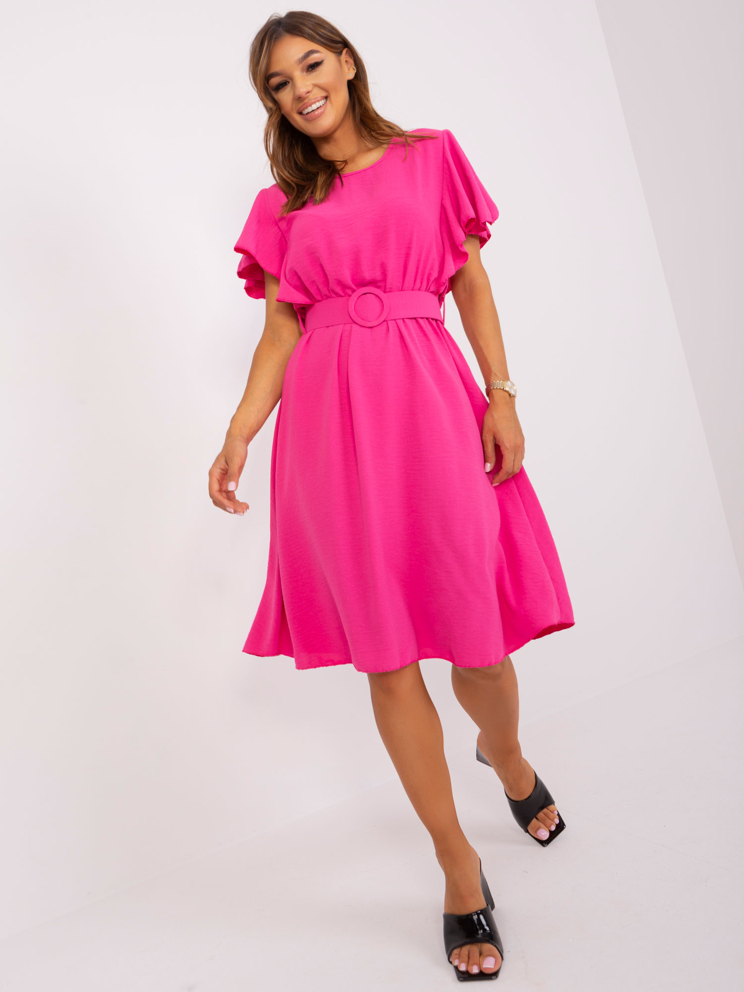 TMAVĚ RŮŽOVÉ ELEGANTNÍ MINI ŠATY S PÁSKEM -DHJ-SK-5648.07-DAR PINK Velikost: ONE SIZE