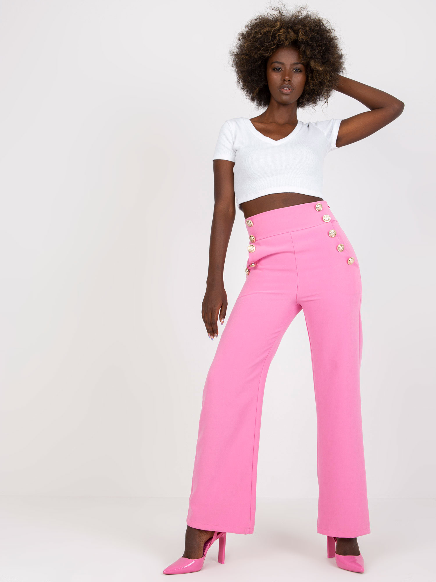 Růžové zvonové kalhoty s knoflíky DHJ-SP-16008.01X-pink Velikost: 2XL