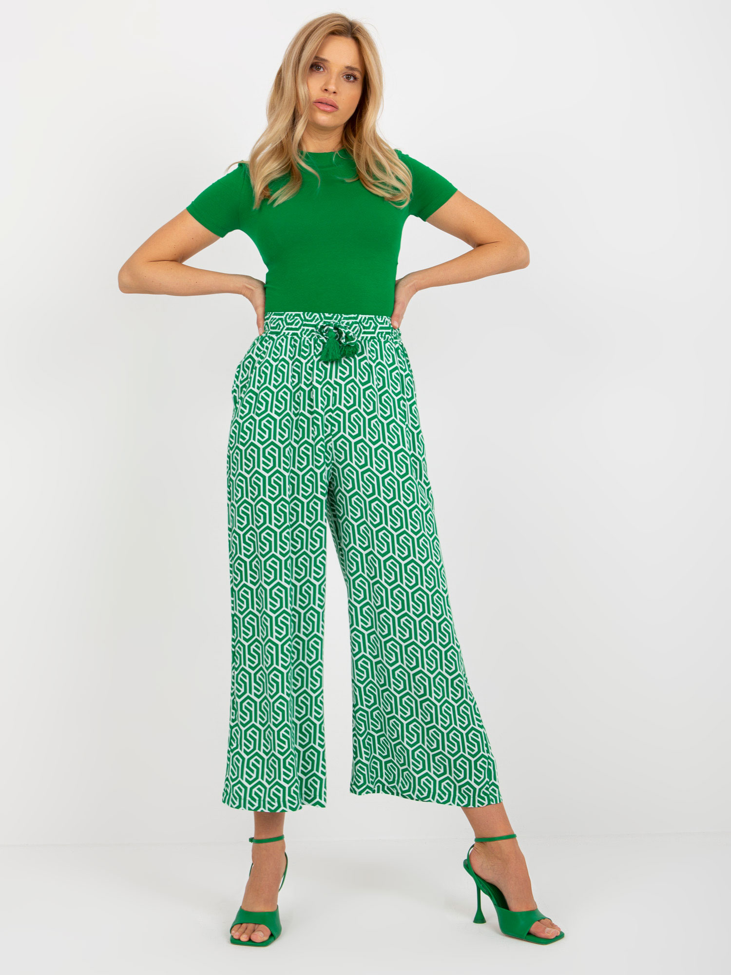 Zelené vzorované látkové kalhoty D73770R62237A-green Velikost: L
