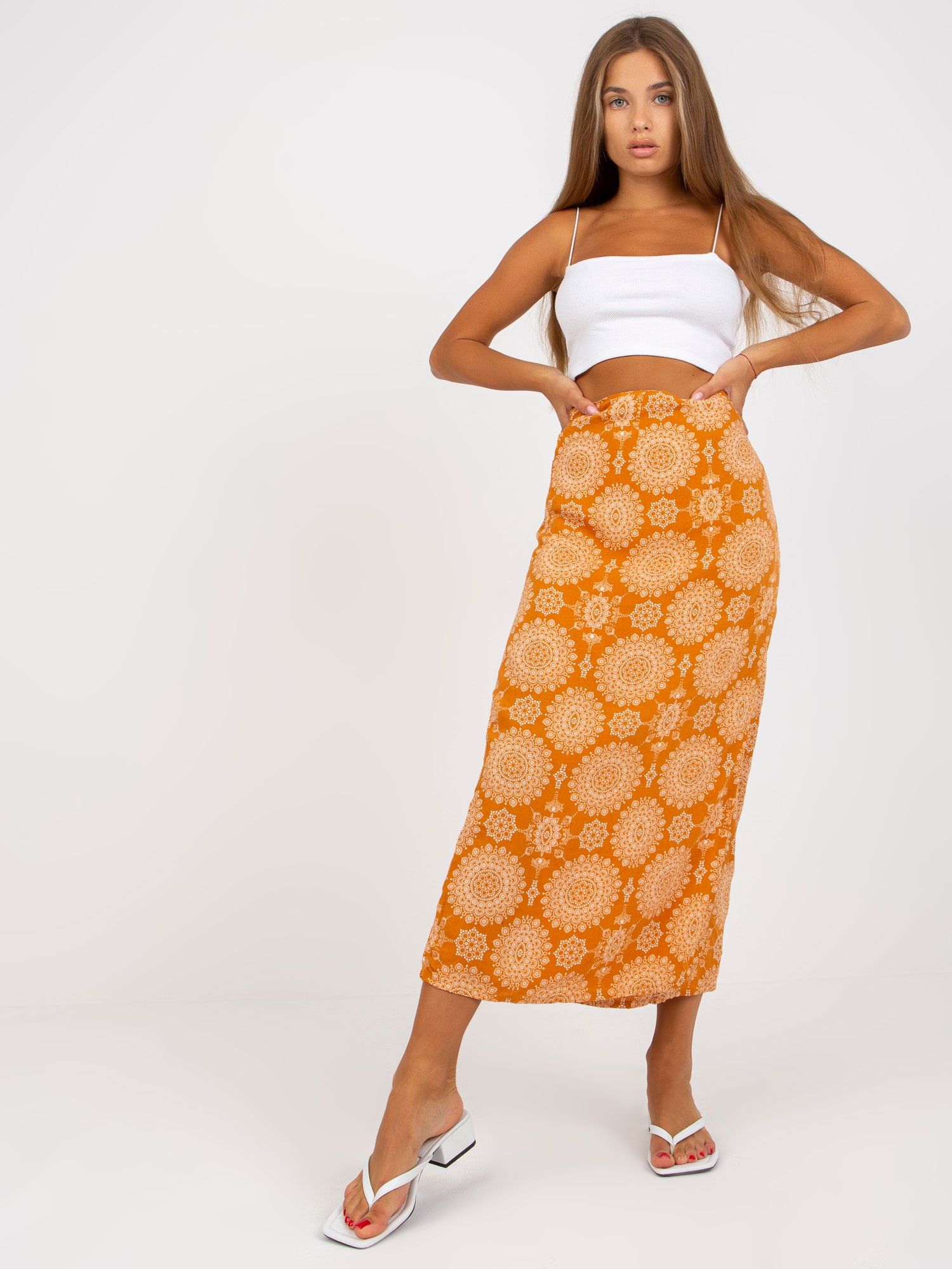 Oranžová zavinovací sukně se vzory D73781M50200A-orange Velikost: M/L