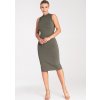 Olivové vypasované viskózové šaty bez rukávů
