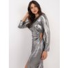 Stříbrné dámské vypasované šaty s rozparkem