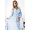 Skládané světle modré šifonové šaty s dlouhými rukávy a páskem KLARA