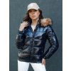 Tmavě modrá dámská lesklá bunda s kožíškem MELANI
