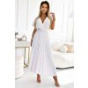 Smetanové plisované letní midi šaty s výstřihem a širokým páskem