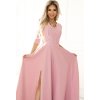 Elegantní pudrově růžové krajkové dlouhé šaty s výstřihem ELISA