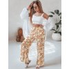 Camel-smetanové dámské letní široké kalhoty LOVEGARDEN s květinovým vzorem