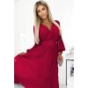 Skládané bordó šifonové šaty s dlouhými rukávy a páskem KLARA