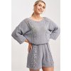Tmavě šedá dámská pletená souprava halenky s 3/4 rukávem a kraťasů