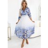 Modro-bílé dámské elegantní šaty s pastelovými květy a 3/4 rukávem