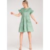 Světle zelené bavlněné mini šaty s volány na rukávech a kabelkou na zlatém řetízku