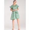 Světle zelené bavlněné mini šaty s volány na rukávech a kabelkou na zlatém řetízku