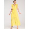 Žluté maxi šaty s výstřihem do V a ozdobnými volánky na ramenou