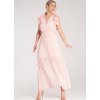 Růžové maxi šaty s výstřihem do V a ozdobnými volánky na ramenou