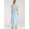 Světle modré dámské asymetrické květované šaty s volánem
