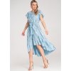 Světle modré dámské asymetrické květované šaty s volánem
