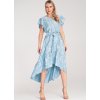 Světle modré dámské asymetrické květované šaty s volánem