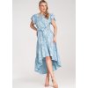 Světle modré dámské asymetrické květované šaty s volánem