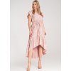Růžové dámské asymetrické květované šaty s volánem
