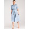 Světle modré bavlněné midi šaty s límečkem a páskem