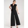 Černý dámský viskózový overal s páskem s ozdobnou květinou
