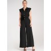 Černý dámský viskózový overal s páskem s ozdobnou květinou
