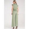Světle zelený dámský viskózový overal s páskem s ozdobnou květinou