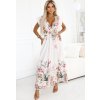 Smetanové saténové maxi šaty s hlubokým výstřihem a květinovým vzorem